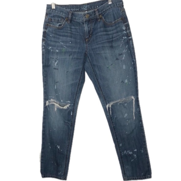 LOFT Lean Boyfriend Paint Splatter Distressed Deconstructed Mid Rise Jeans 4/27‎ - Picture 3 of 13